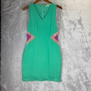 English Rose V Neck Dress Lace Detail Purple Pink Green Size L 80's vibe bold